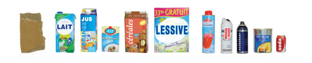 Carton brun plié, briques alimentaires, boîtes et suremballages en carton. Aérosols et bidons, conserves et canettes métalliques.
