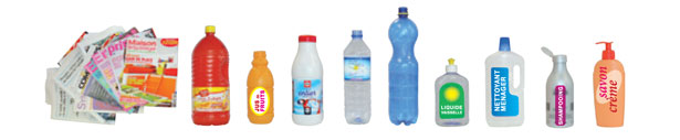 Tous les papiers. Les bouteilles et flacons en plastiques.